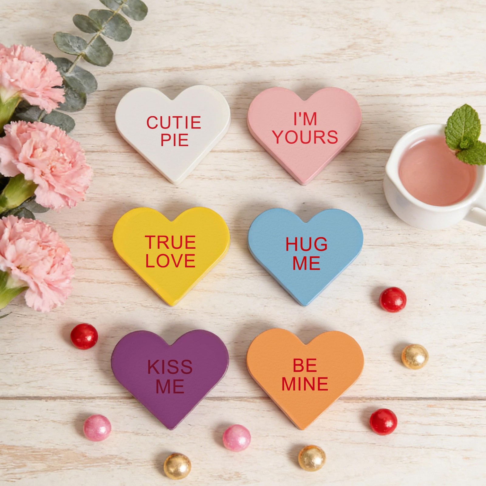 6 Pcs Wooden Conversation Hearts Decor Valentine Mantel Shelf Sign