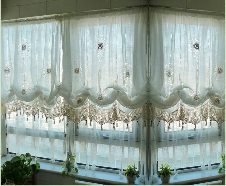 Pastoral Adjustable Shade Balloon Curtain Combined Hand Crochet White 1 Panel