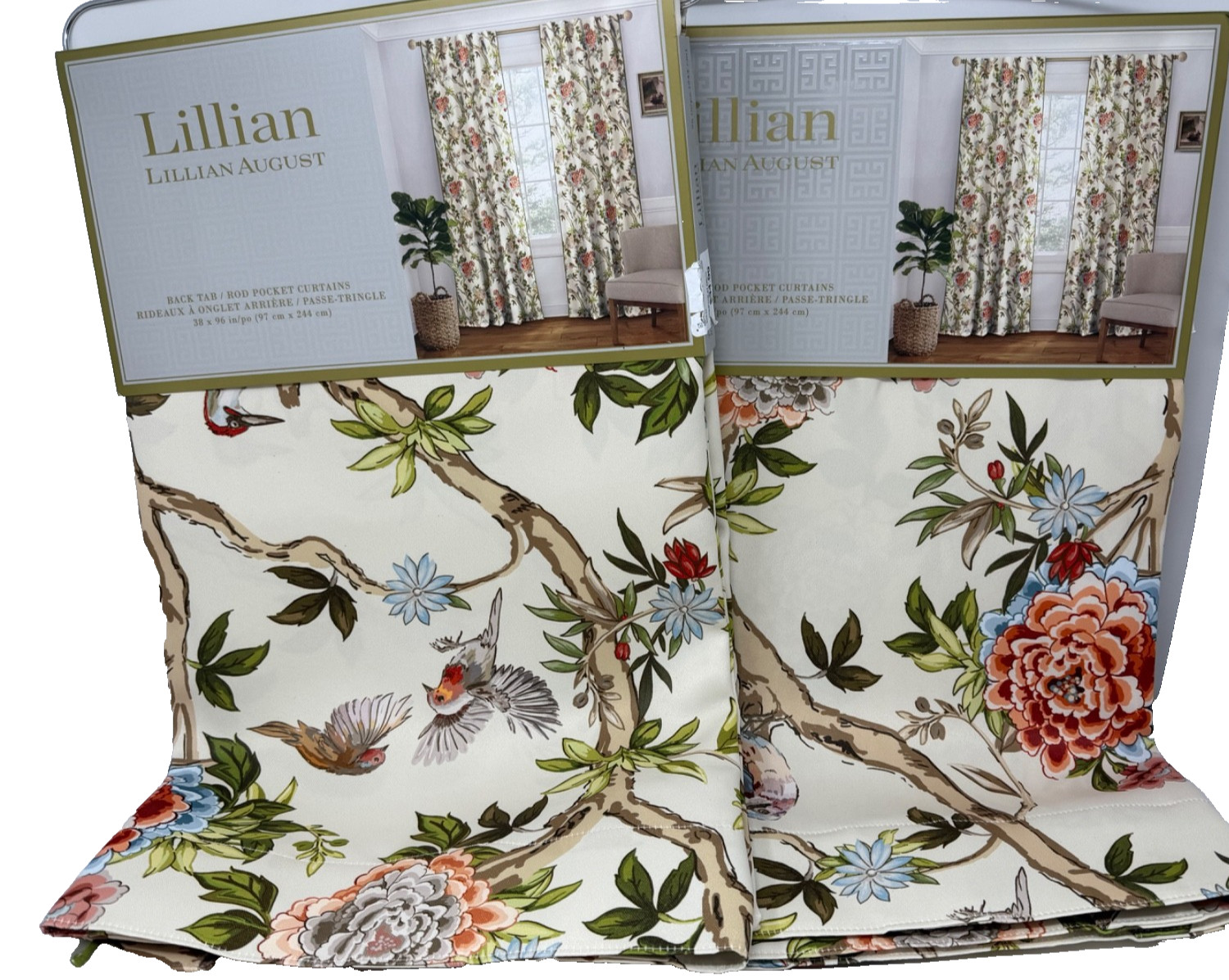 New Lillian August Home Floral Bird Tree Drapes 38′ x 96″ Set of 4