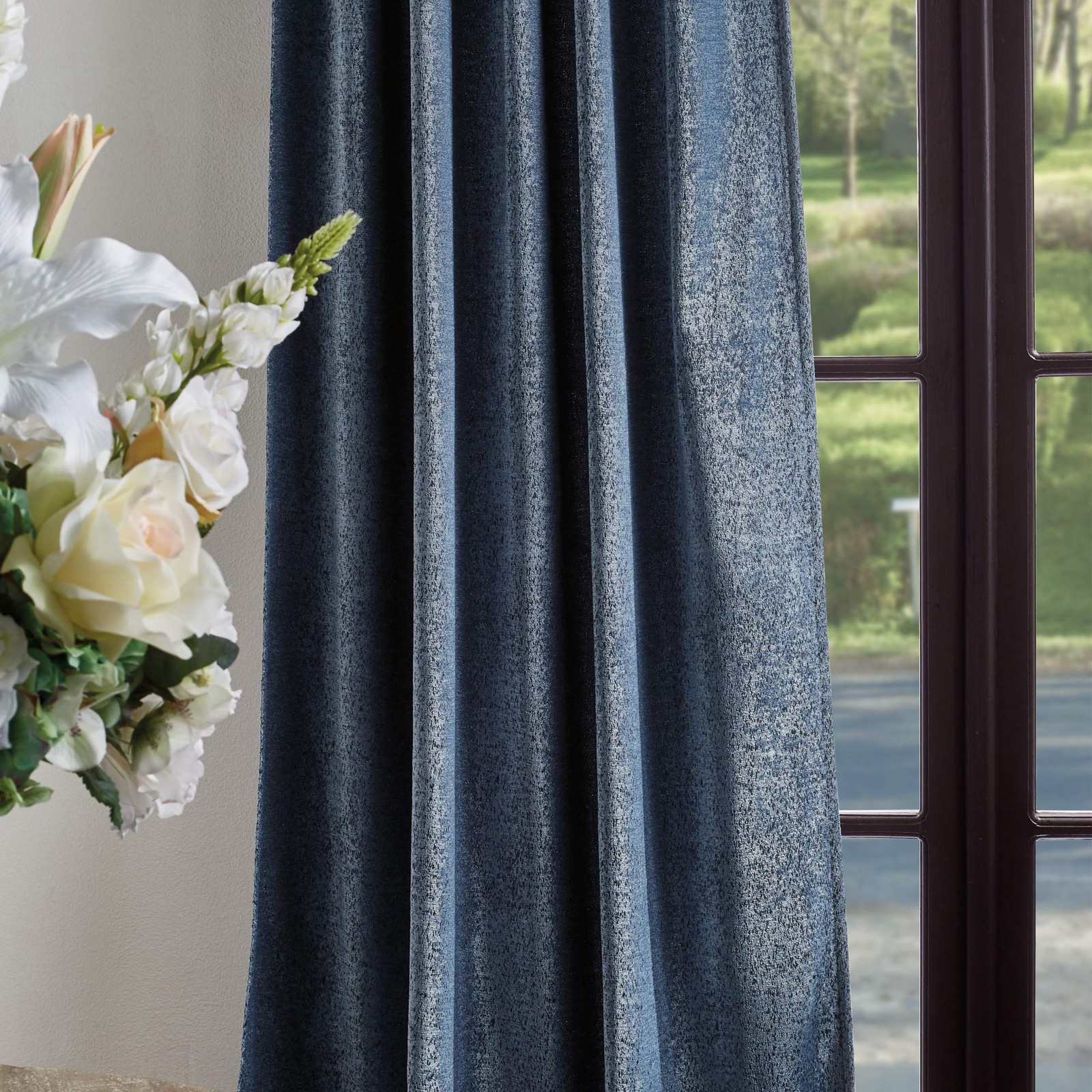 Martha Stewart Naples Chenille Solid Back Tab Window Curtain Panel Pair 84 Navy