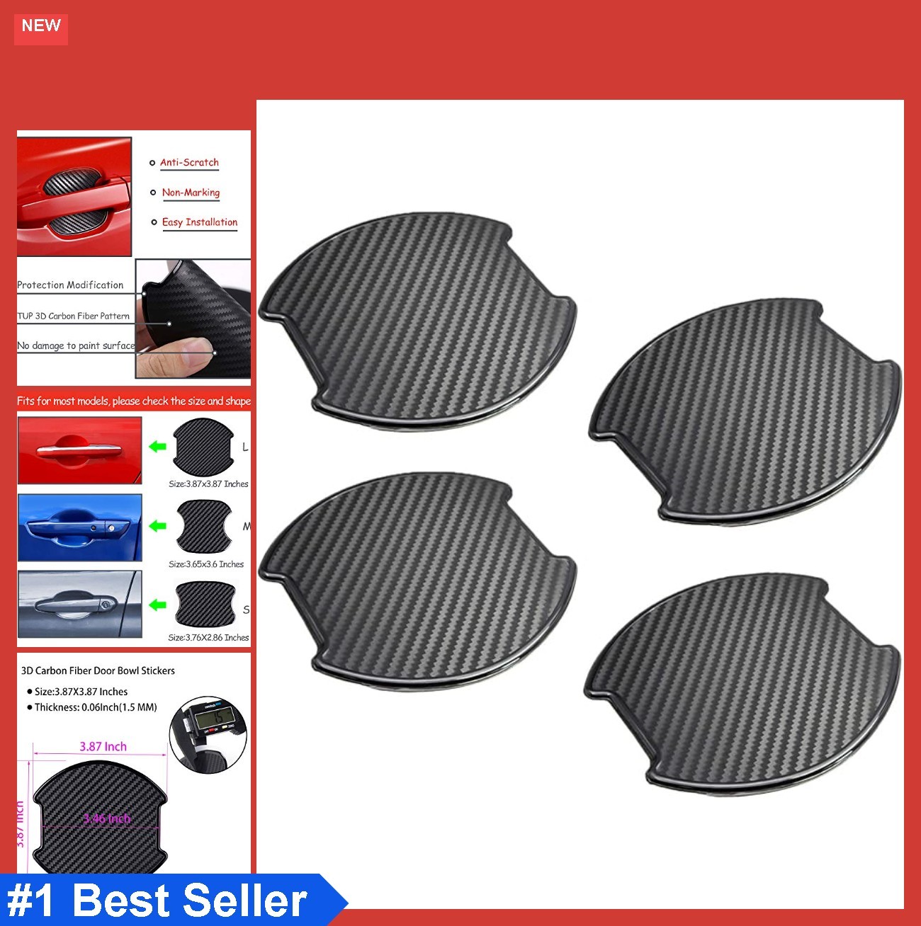 4Pcs Black Carbon Fiber TPU Car Door Handle Cup Protective Stickers Universal