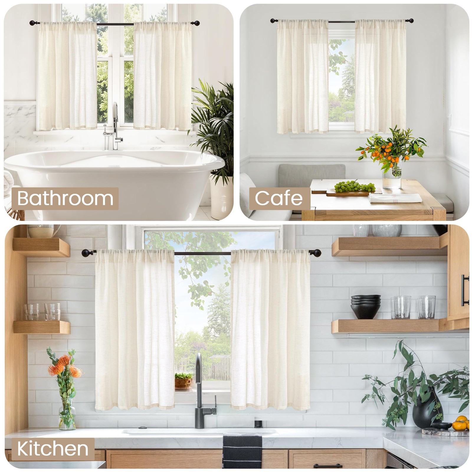Linen Curtains 36 Inch Length for Kitchen 30″W x 36″L (Pack of 2) Light Beige
