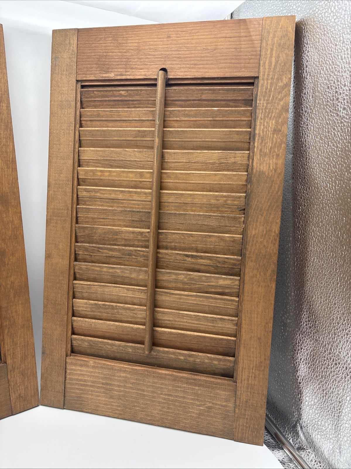 2 OLD Brown Wood Shutter Panels Movable Louver Slats ~ 12” X 20”