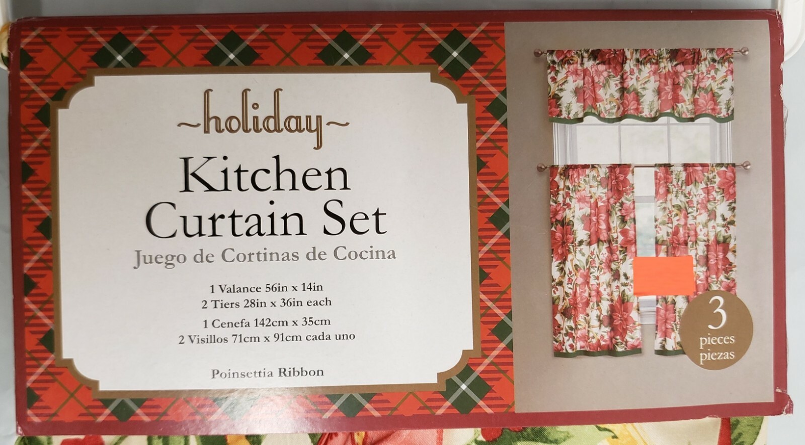 3pc Curtains Set:2 Tiers (28″)& Valance (56″x14″)POINSETTIA & BERRIES #2,Holiday