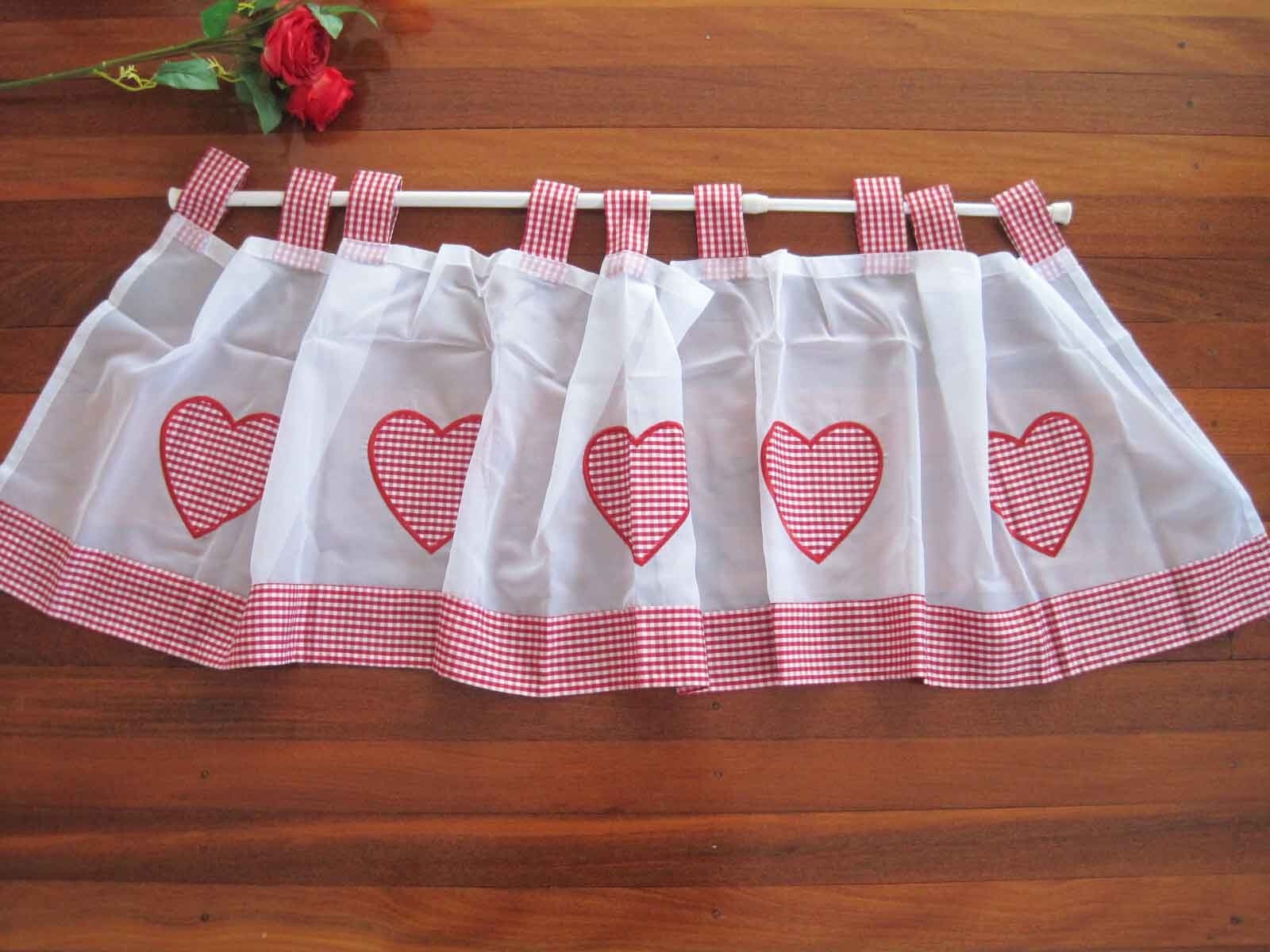 Clearance 50%OFF Red White Gingham Heart Applique Embroidery Tape Sheer Curtain