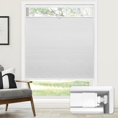 No Tools No Drill Cordless Cellular Shades, Top 35″ W x 64″ H Blackout – White