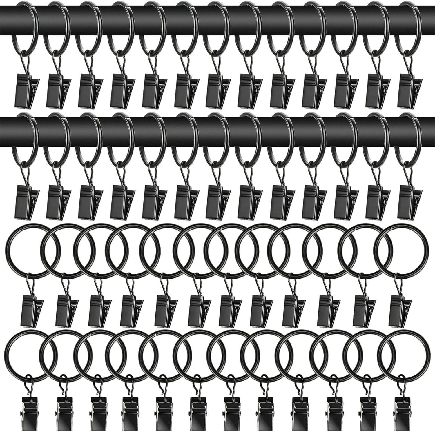 50Pcs Curtain Rings with Clips – Black Metal Drapery Rings with Clips 1.26 Inch