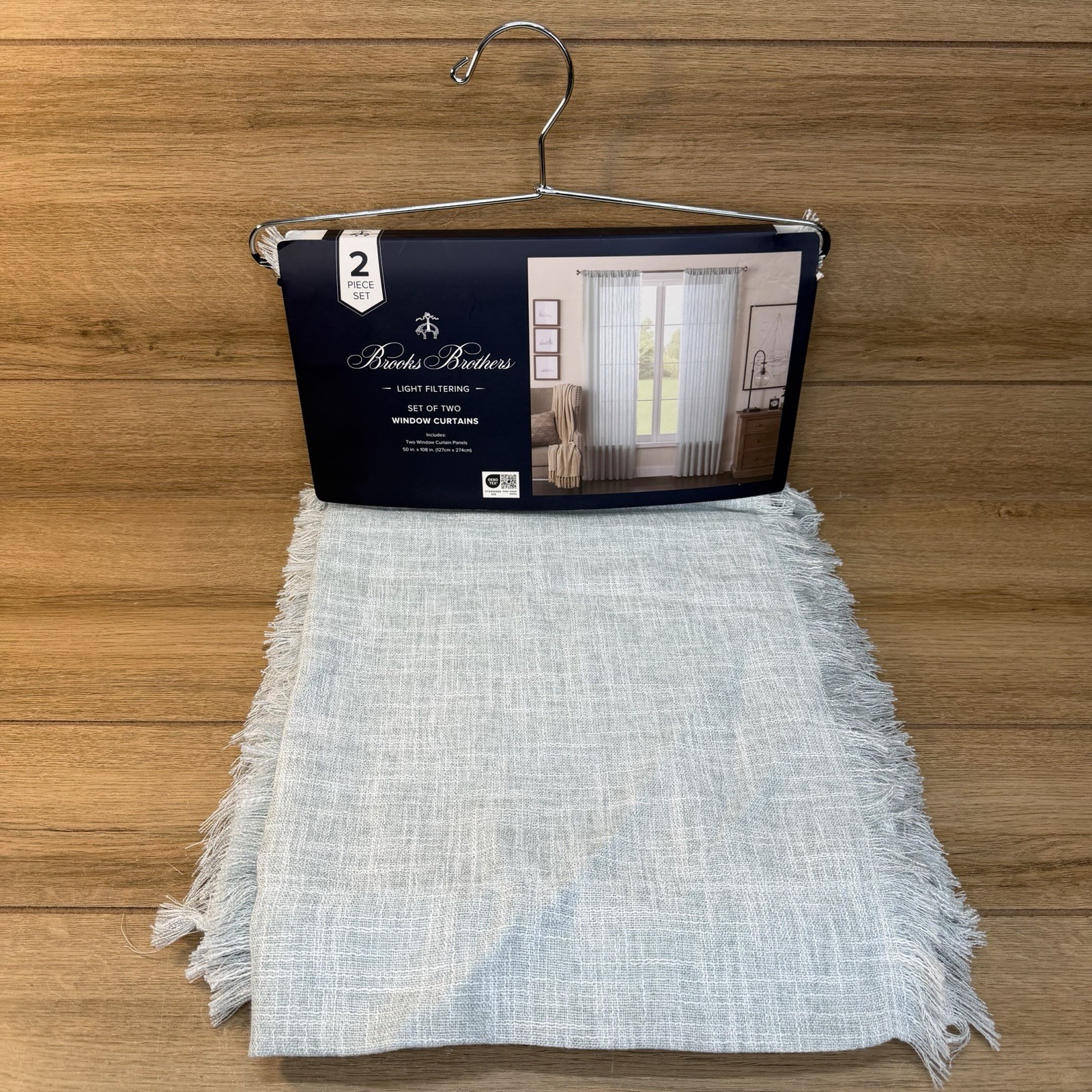 Brooks Brothers Set of 2 Window Curtains Light Blue Fringe Light Filtering Boho
