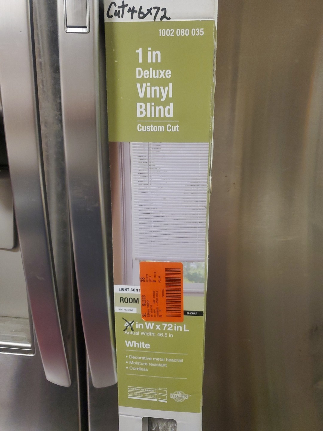 CUT 46″ X 72″ Hampton Bay White Cordless 1 in. Room Darkening Vinyl Blind