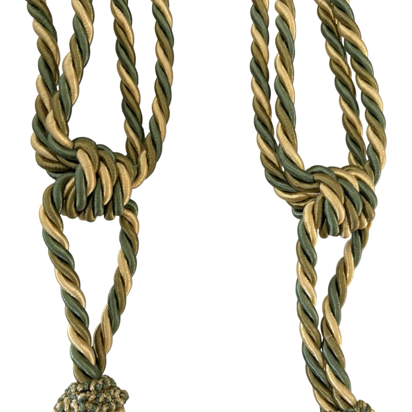 2 Decopro Drapery Curtain Tiebacks Green & Gold Woven Braided Knot Tassels
