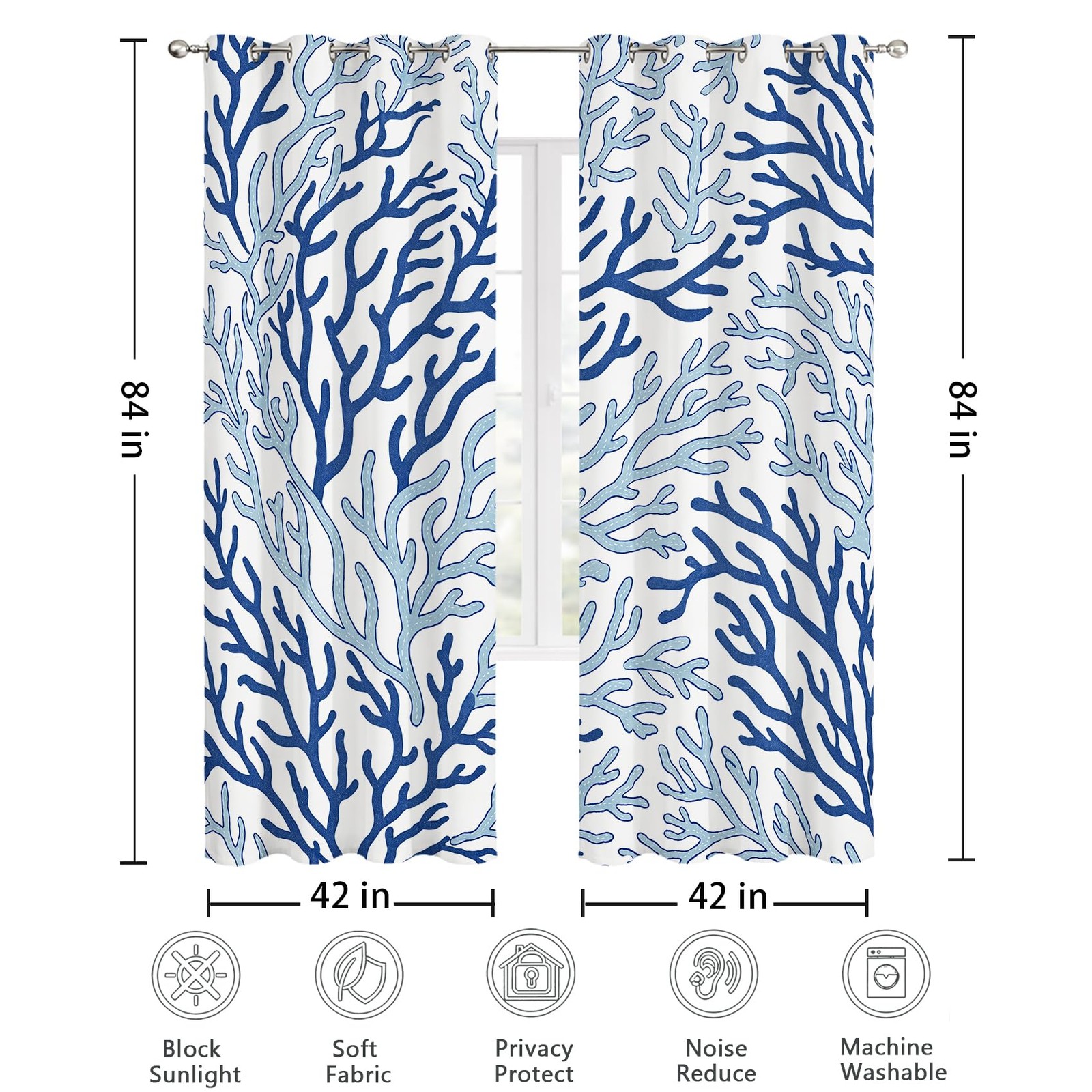 Coastal Coral Blackout Curtains Blue and Teal, 42×84 inch 2 Panels