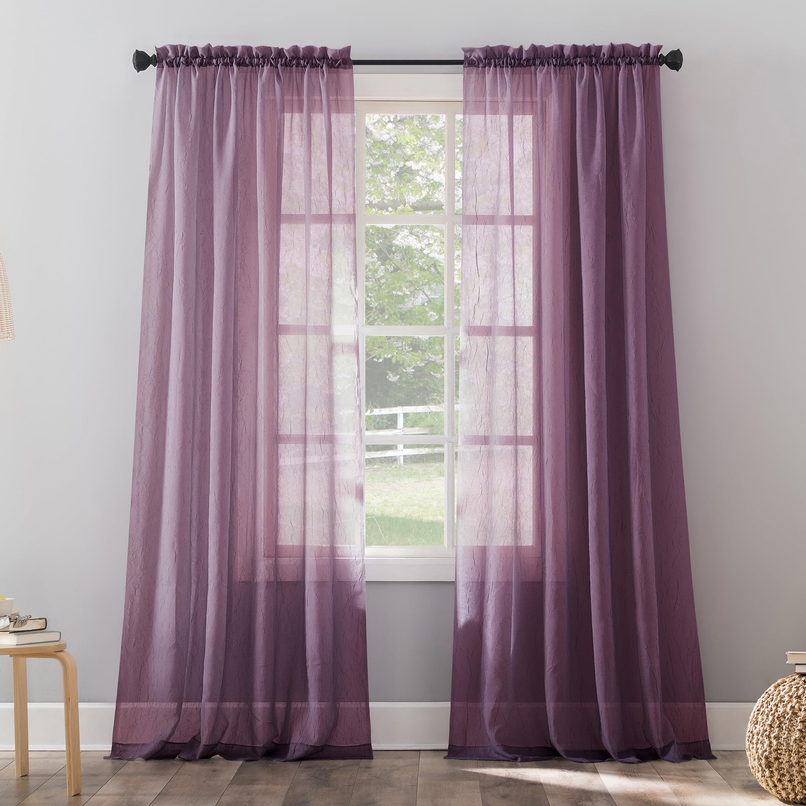 No 918 Erica Crushed Voile Sheer Rod Pocket Curtain Panel 51×63 Purple