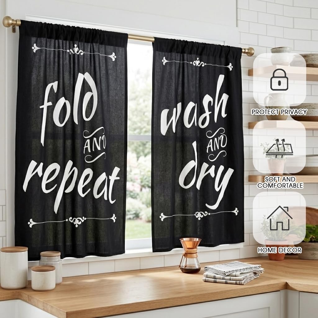 Black Laundry Room Curtains with Funny Sayings, Minimalist Trendy Wash Dry Fo…