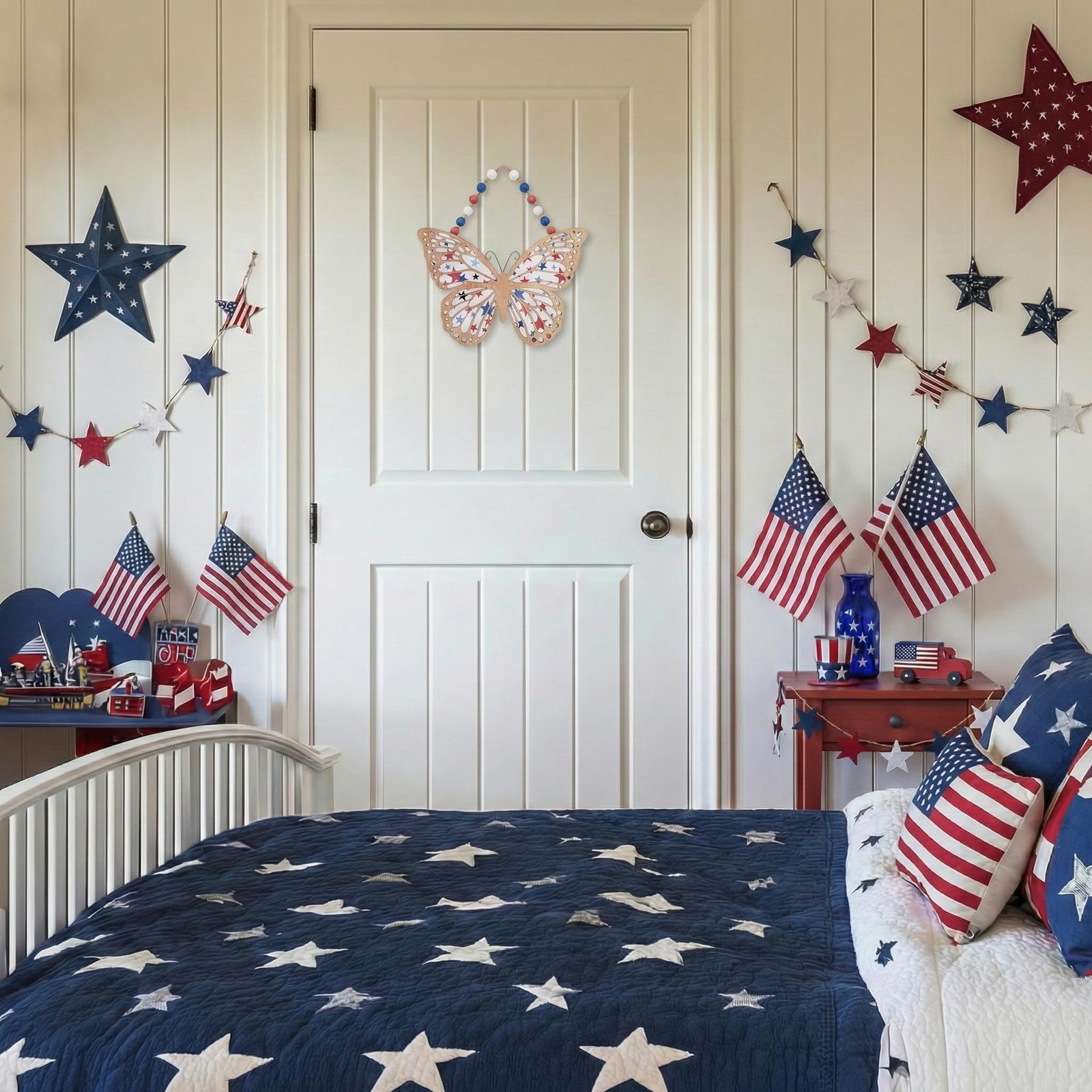 4th of July Wreath, Patriotic Wreath for Front Door, Red White and Blue Butterfl