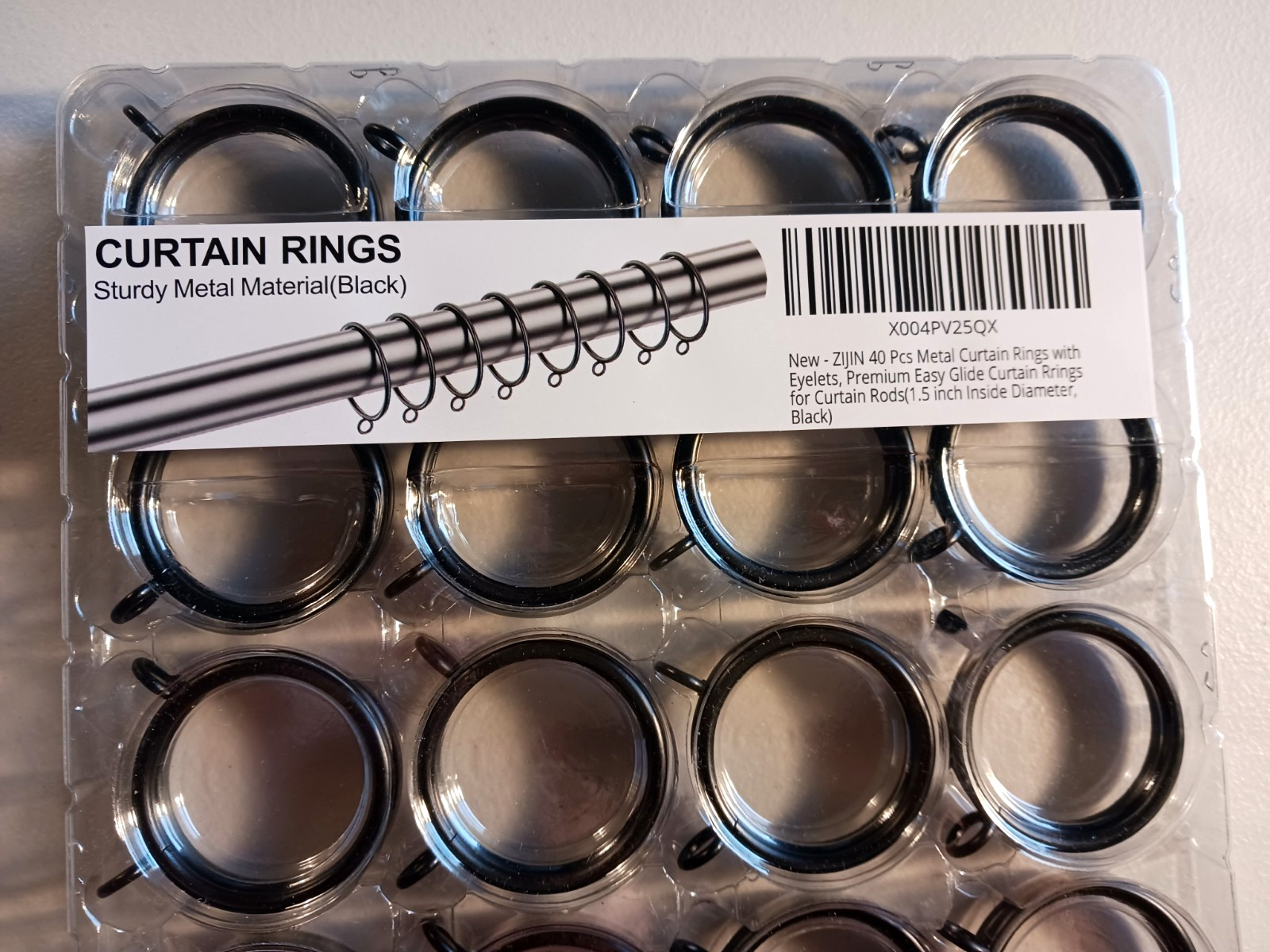 Curtain Rings with Eyelets 40 pcs Sturdy Metal Black 1.5 inch Inside Diameter