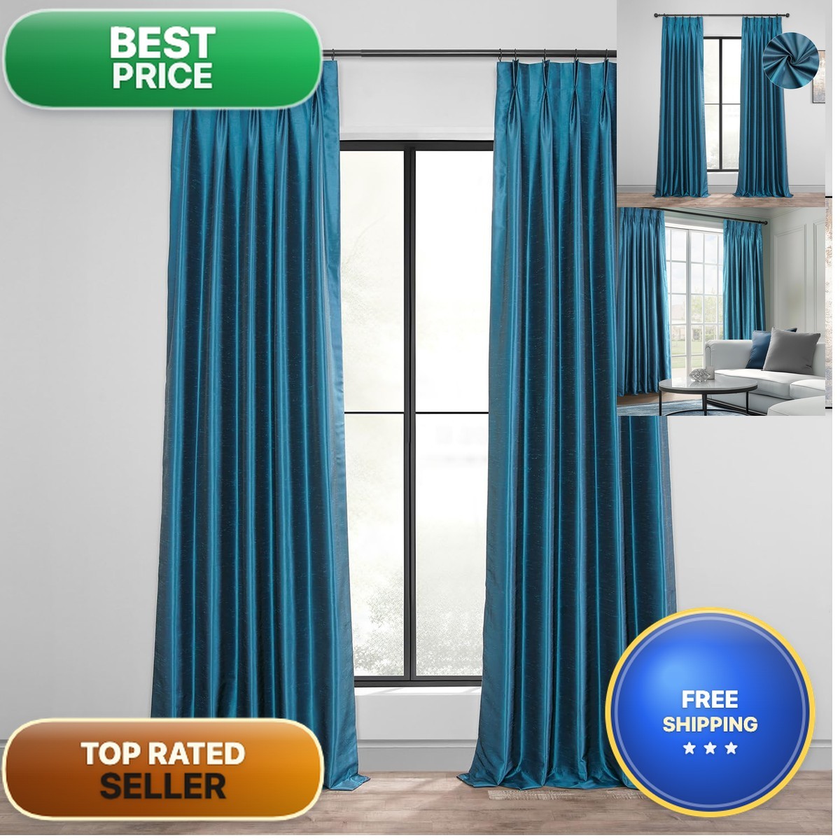 Half Price Drapes Blackout Curtains French Pleated 25 X 96 Oceanside Blue 1