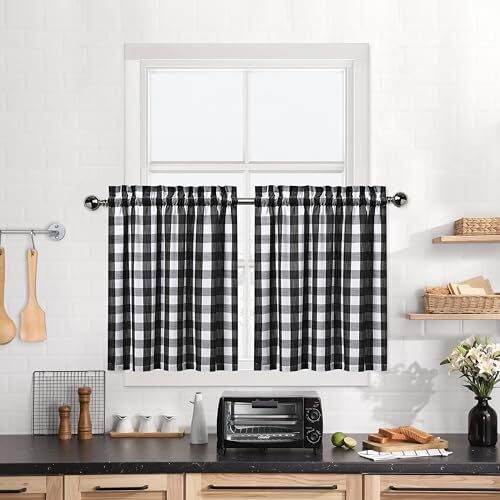 Buffalo Plaid Gingham Half Window Cafe Tier Curtains, Tiers丨36″L Black/White