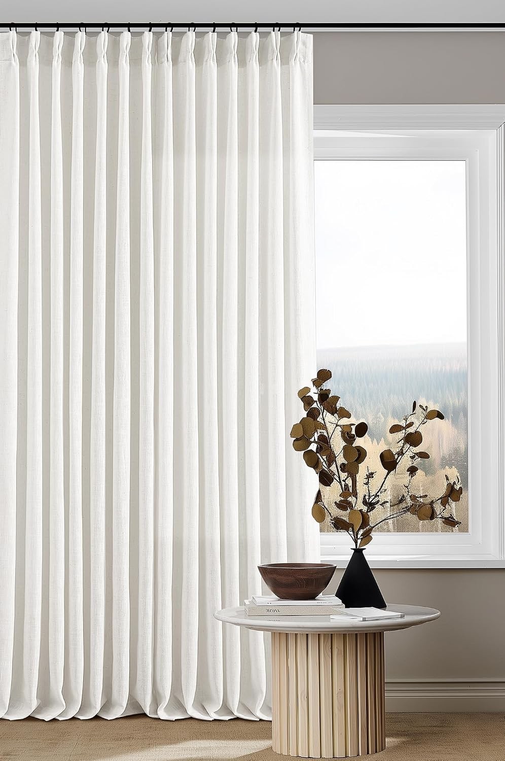 Beige White Pinch Pleated Linen Curtains 2 Panels 105 Inches Long for Living Roo