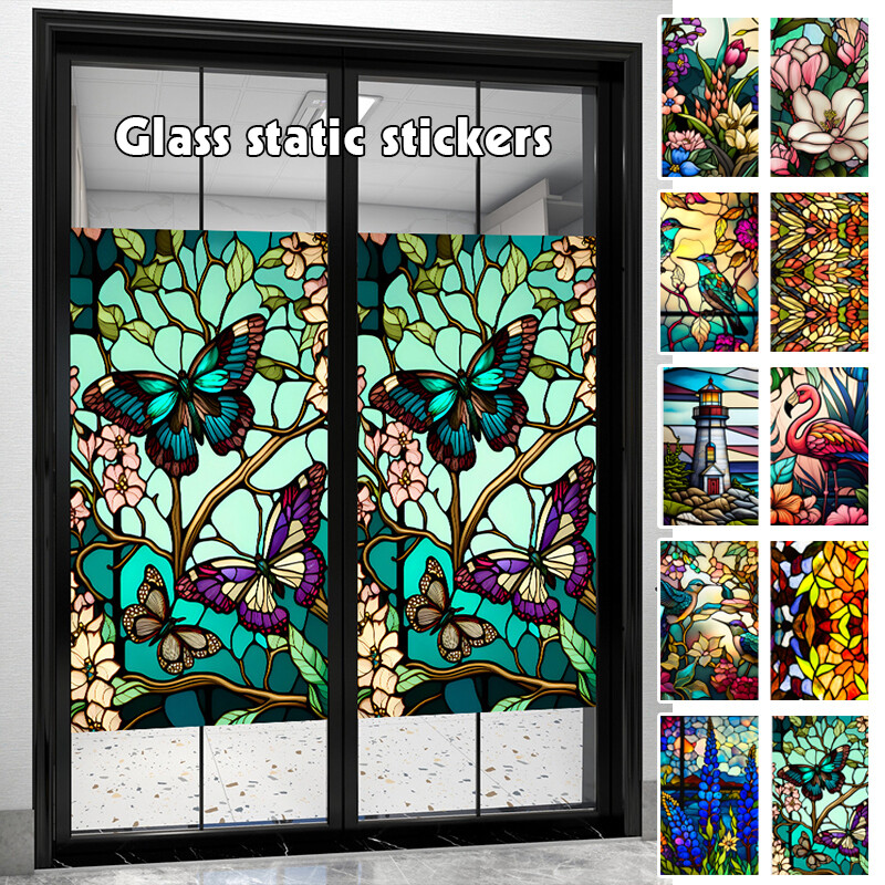 Colorful Retro Flower Birds Window Glass Electrostatic Stickers Removable