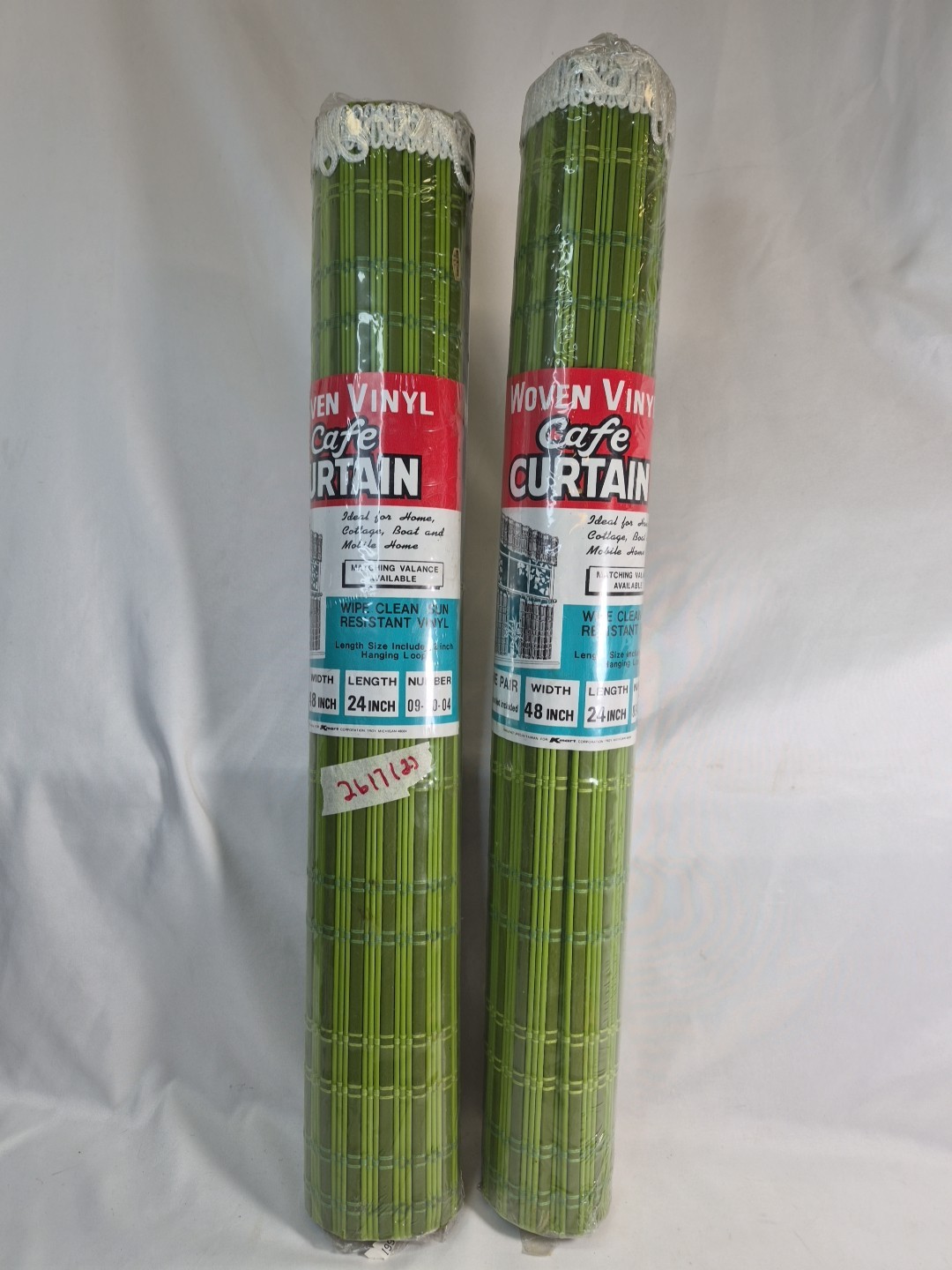 2~ NOS VTG WOVEN VINYL CAFE CURTAINS AVOCADO GREEN 24″L×48″W KMART COTTAGE BOAT