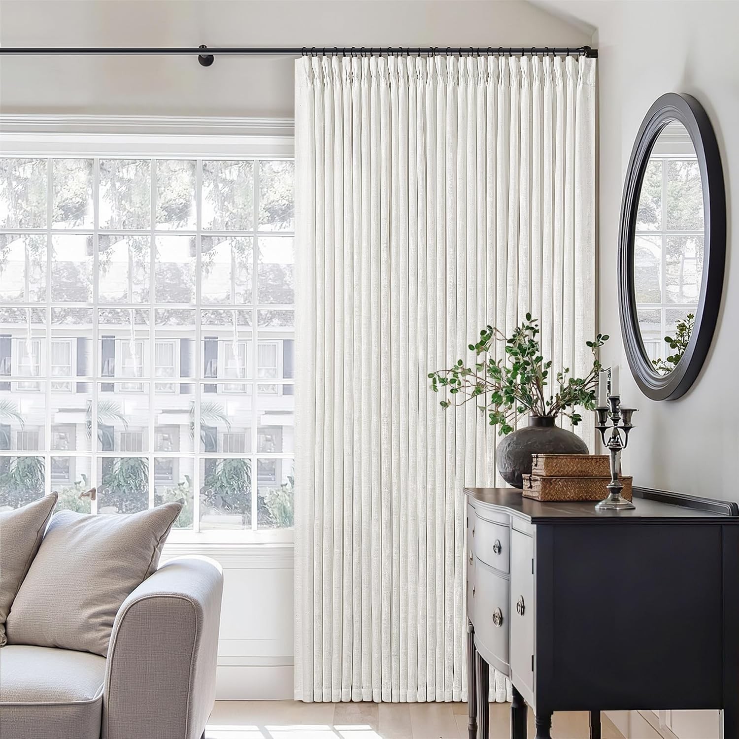 Beige White Pinch Pleated Linen Curtains 2 Panels 105 Inches Long for Living Roo