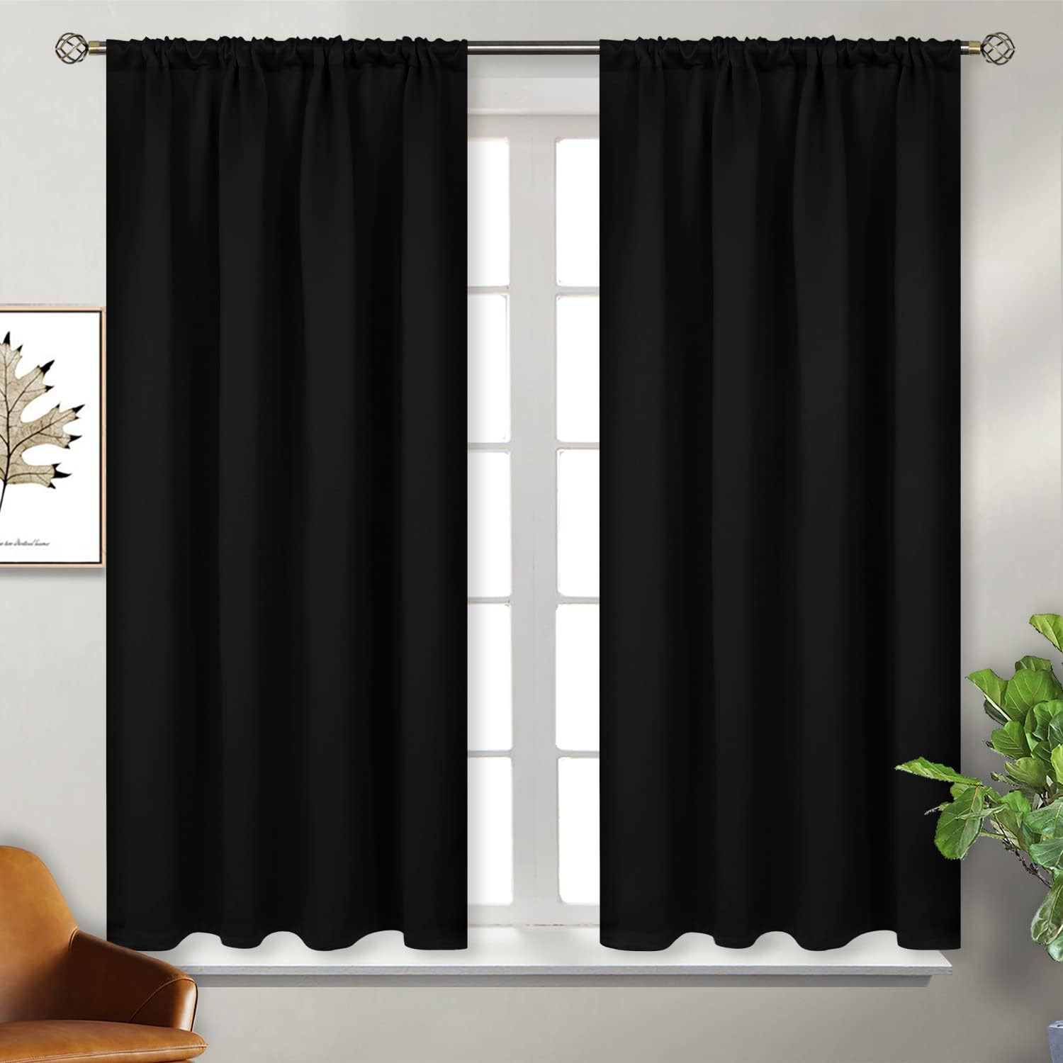 Short Blackout Curtains 45 Inch Long, Black Darkening Drape 2 Panels | Rod Pocke