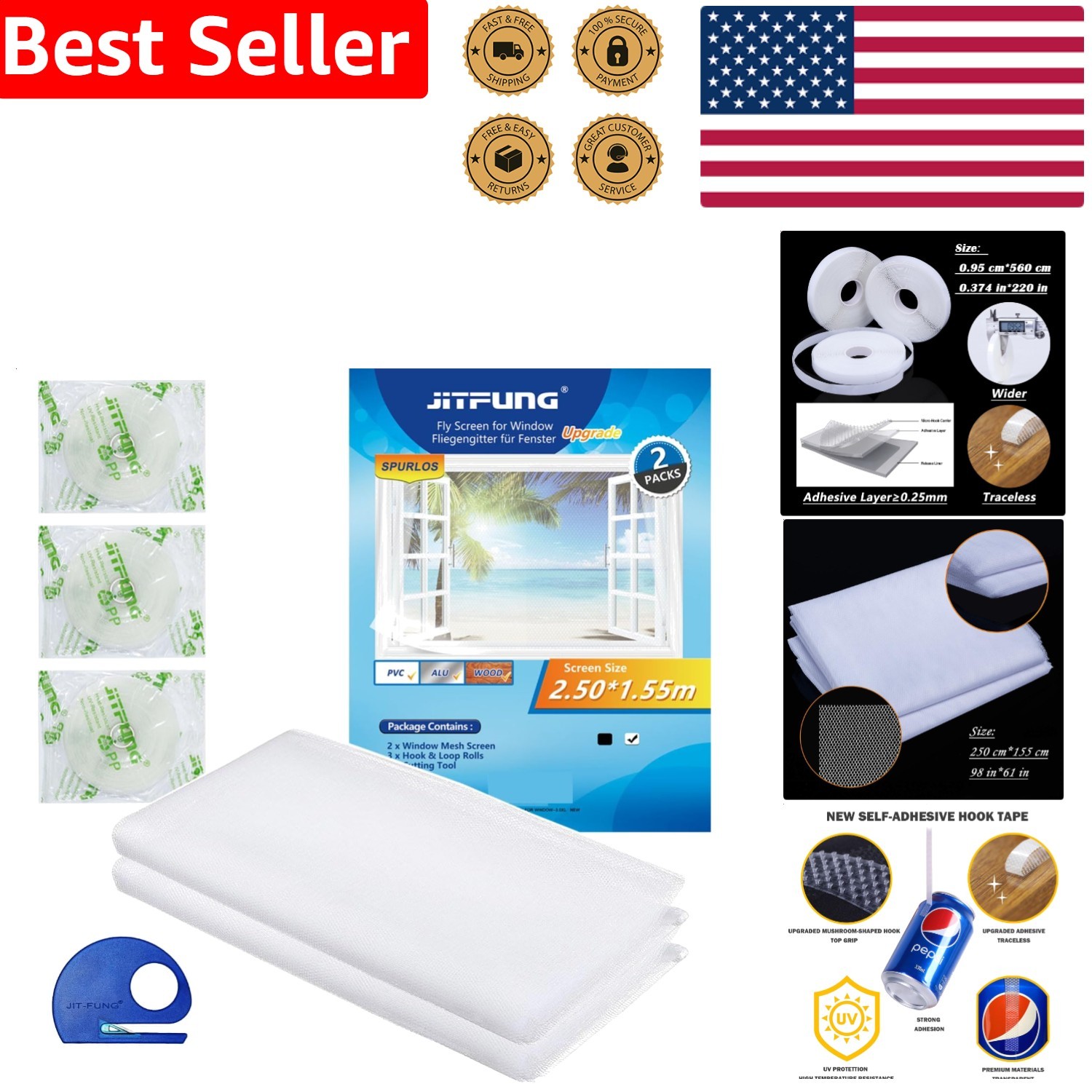DIY Window Screen Kit White 2 Pack Self-Adhesive Custom Mesh Net 98×61