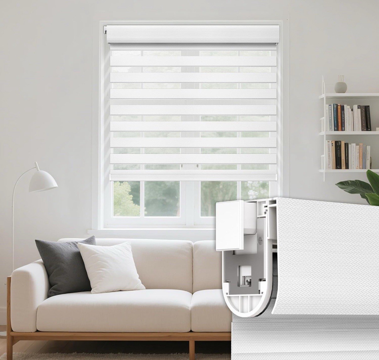 White, 34” x 64” Cordless Zebra Blind Dual Layer Light Filtering Privacy Shades