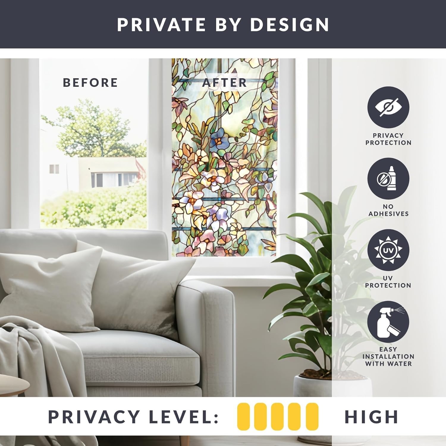 Trellis | Privacy Window Film with Vibrant Colored Pattern | Non-Adhesive & U…
