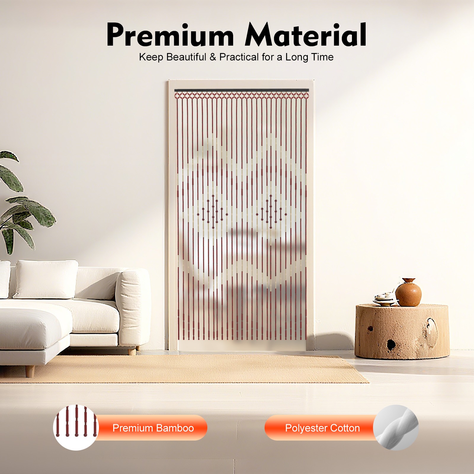 Natural Wood & Bamboo Beaded Curtain Fly Screen for Bath Bedroom Porch Doorway