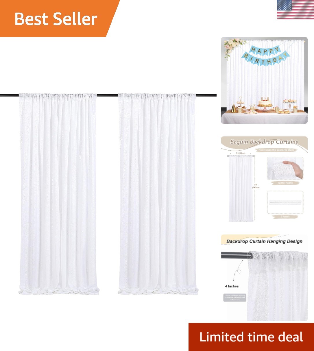 Dazzling White Sequin Backdrop Curtains – 2 Panels, 2FT x 8FT for Celebrations