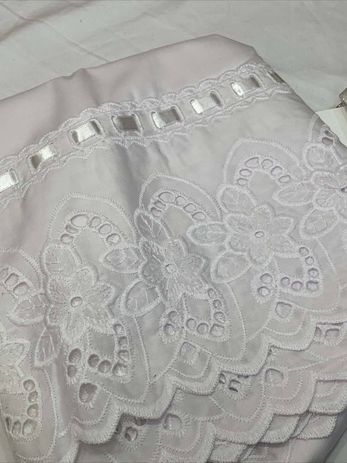 Vintage Floral Eyelet Curtain Solid White Satin Ribbon Trim Cutwork 60”X36”