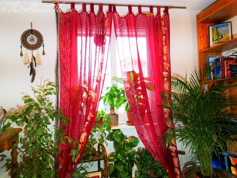 2 Pc Indian Old Recycle Silk Saree Boho Multi Curtain Door Drape Decor Curtain