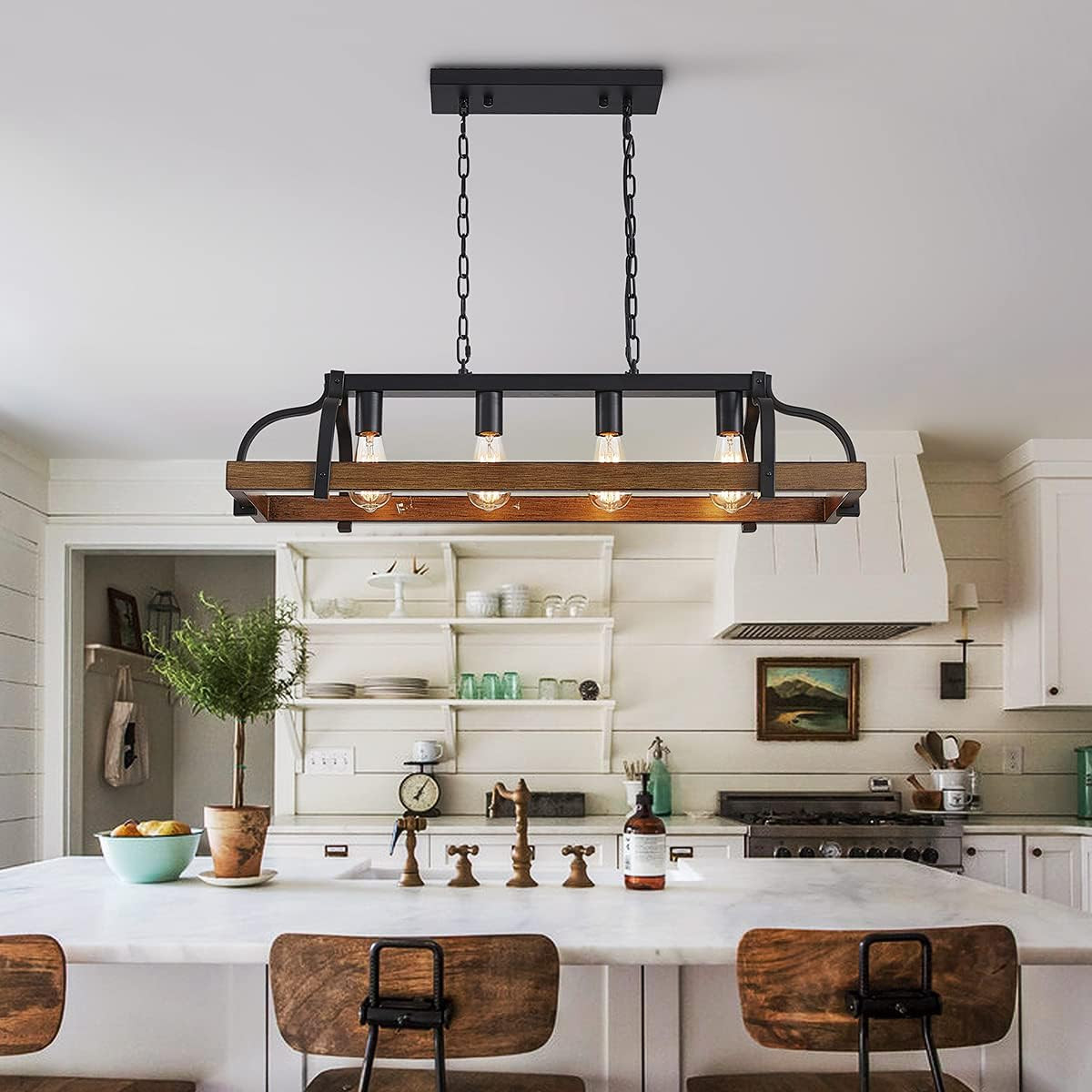 4-Light Metal Pot Hanging Rack Chandelier Imitation Wood Grain Linear Pendant Ce