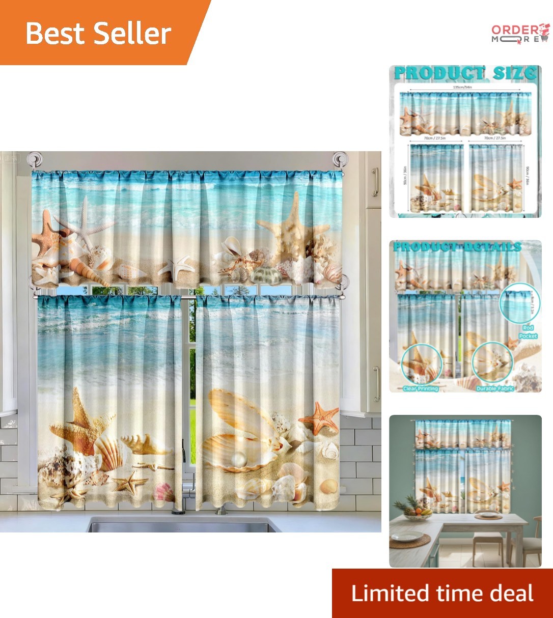Beach Kitchen Curtains Set Coastal Starfish Shell Water Resistant Polyester