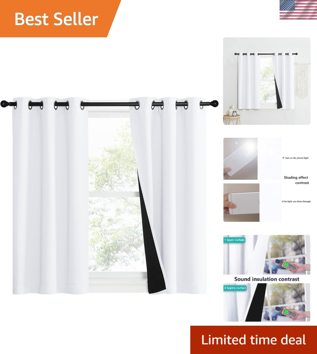 Pure White 100% Blackout Lined Curtains, 1 Pair, 37″ Width x 50″ Length Each …