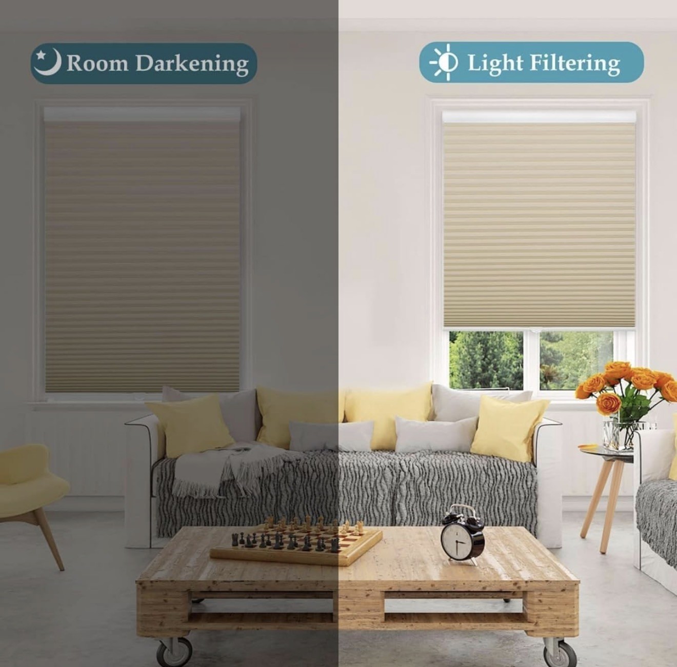MYshade Cordless Blackout Cellular Shades, Window Blinds (35″ W X 64″ H, Beige)