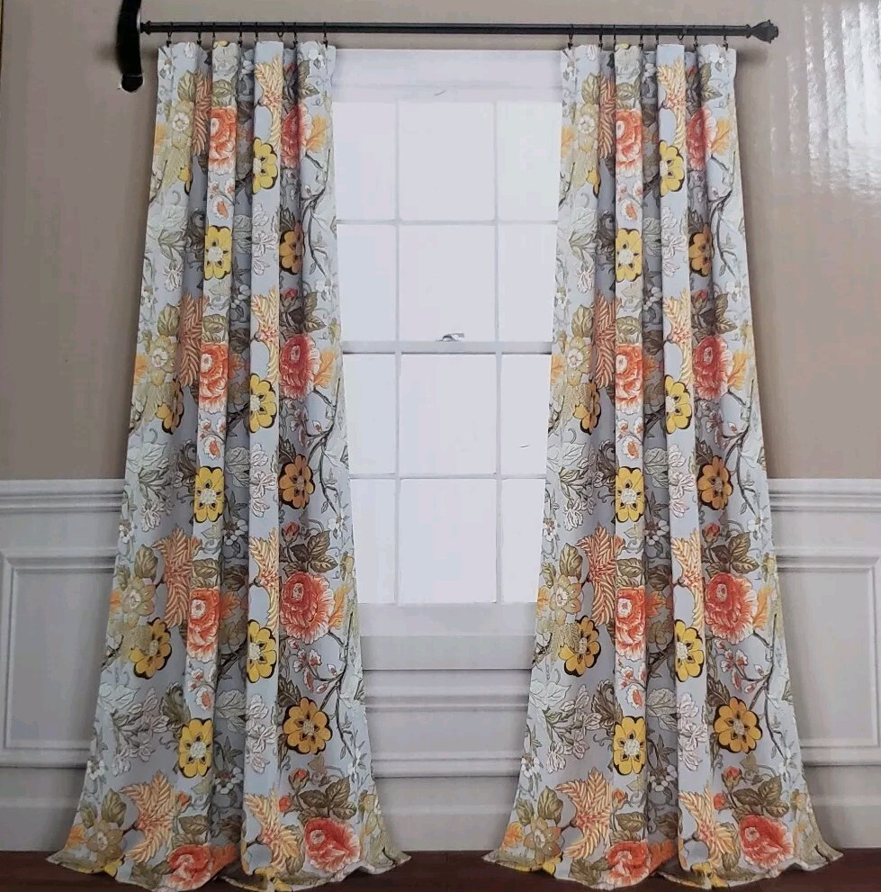 HALF MOON Room Darkening Insulatin Window Curtains Two Panels 54×95 Gray Floral