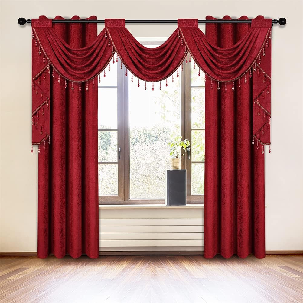 Elegant Burgundy Red Valance with 3 Swags and Matching Curtain Set