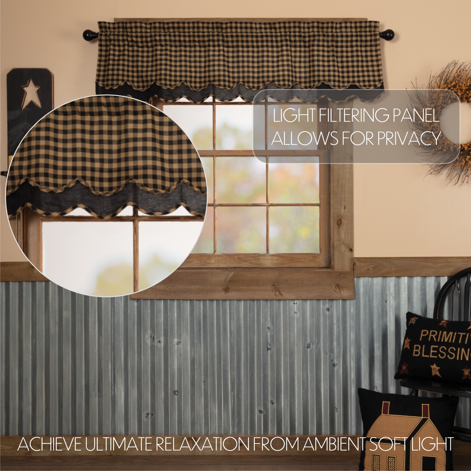 VHC Brands Primitive Black Tan Check Scalloped Layered Valance 16×60″