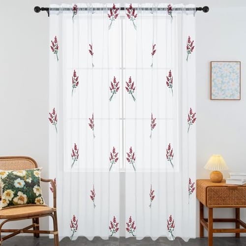Floral Sheer Curtains Embroidered Lavender 52″W x 63″L (Pack of 2) Burgundy