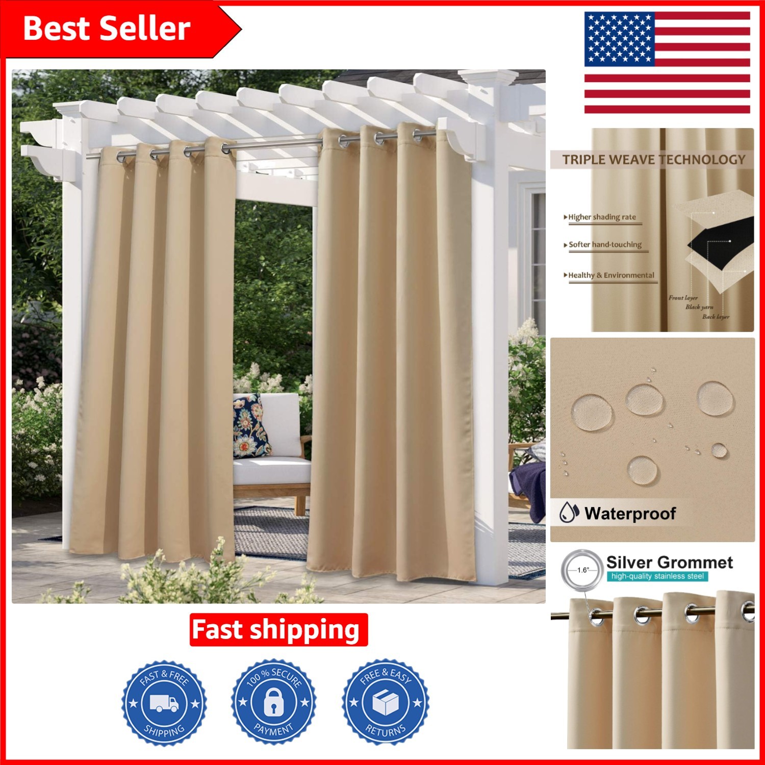 Biscotti Beige Waterproof Outdoor Curtains – 95″ L Blackout Drapes for Privacy