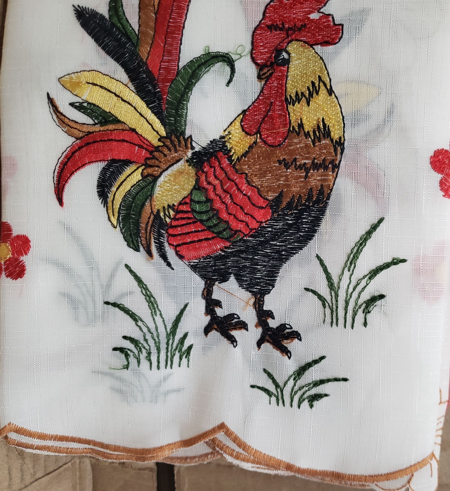 3pc. Embroidery Curtains Set: 2 Tiers & Swag, MULTICOLOR ROOSTER,RED ROOSTER,ACP