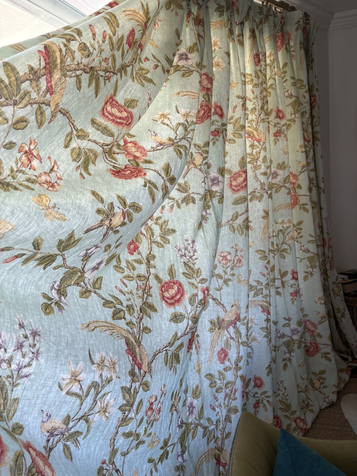 2 Chinoiserie Linen 100 In Long, 200 In Wide French Pleated, Custom, Lined, Read