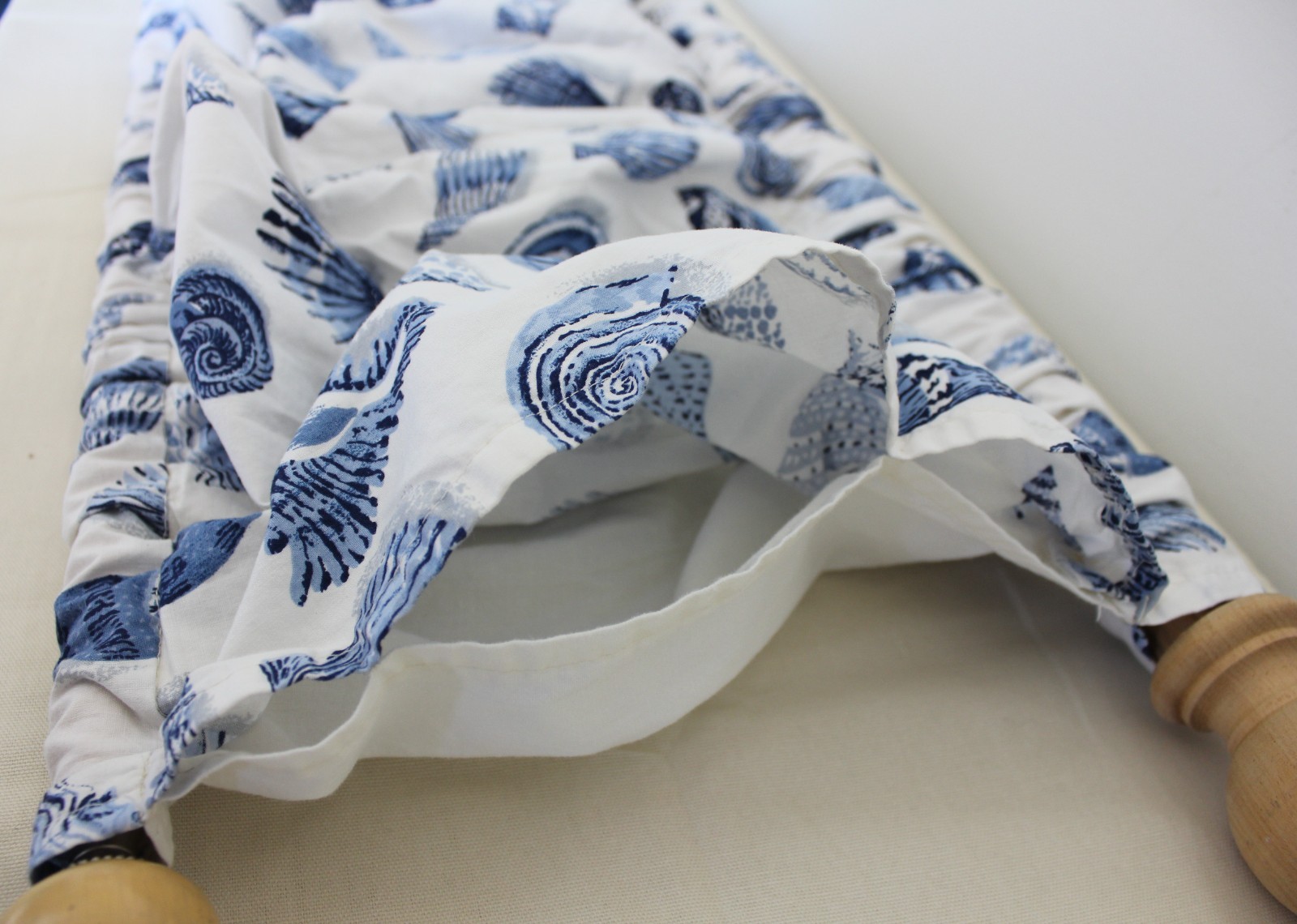 Custom Curtains Blue White Seashell Toile Vtg 3-Pc Drapery Set Beachcomber
