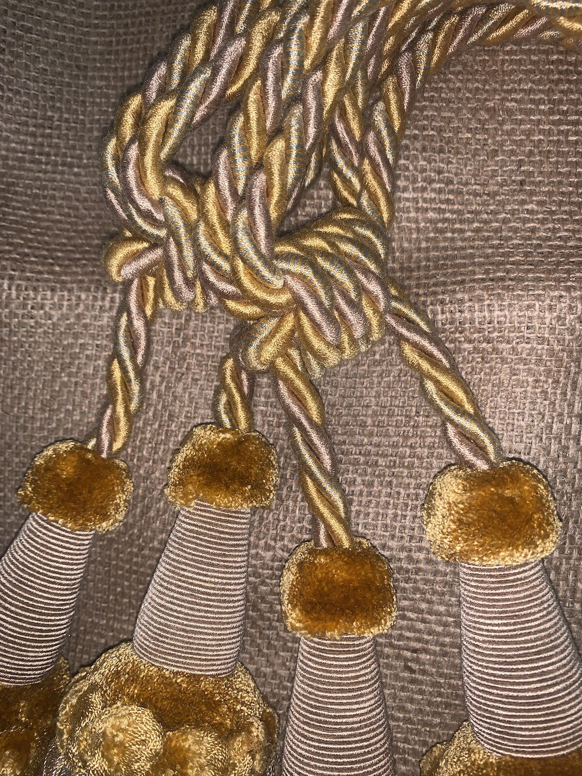 Set/2 Curtain Tie Backs Gold Blue Tan Tassels 27.5”L Wdetail Loop cord 7.5”L W/o