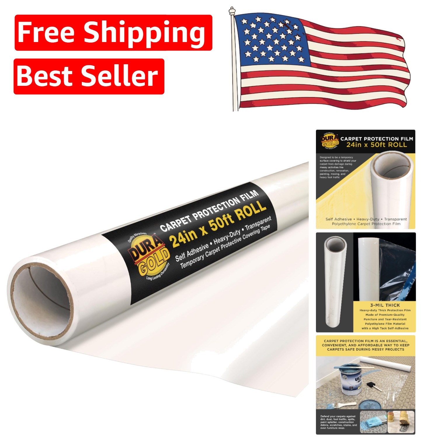 Carpet Protection Film 24-inch x 50-Foot Roll – Self-Adhesive Clear Cover