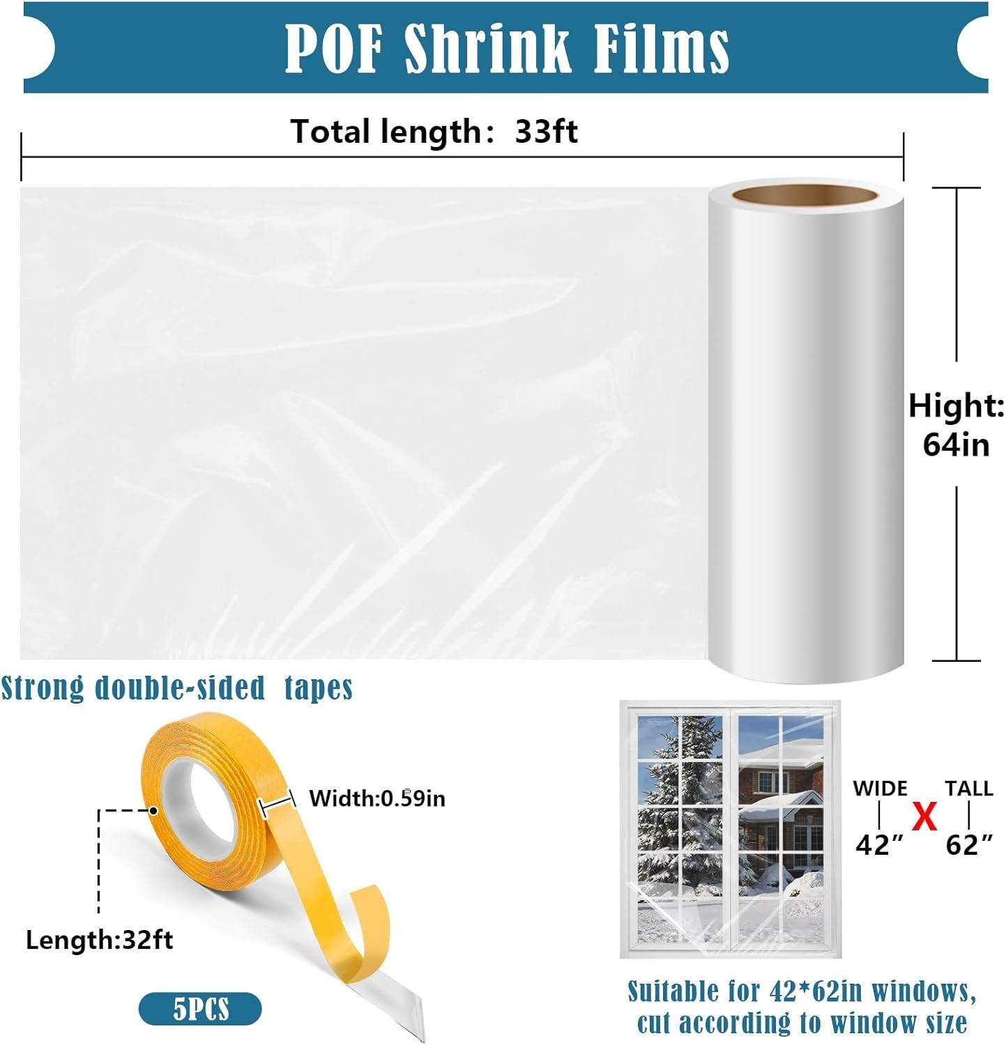 Window Insulation Kit 63 × 394 Inch Plastic Coverings for Winter Shrink Film
