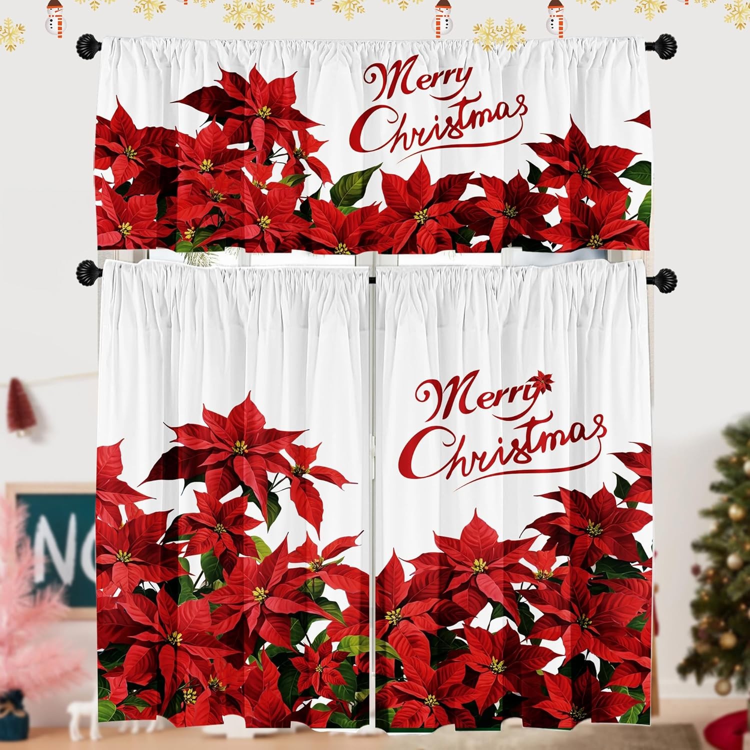 Christmas Poinsettia Curtain Valances 3 Piece Set Upper Curtain 52” Lx18”