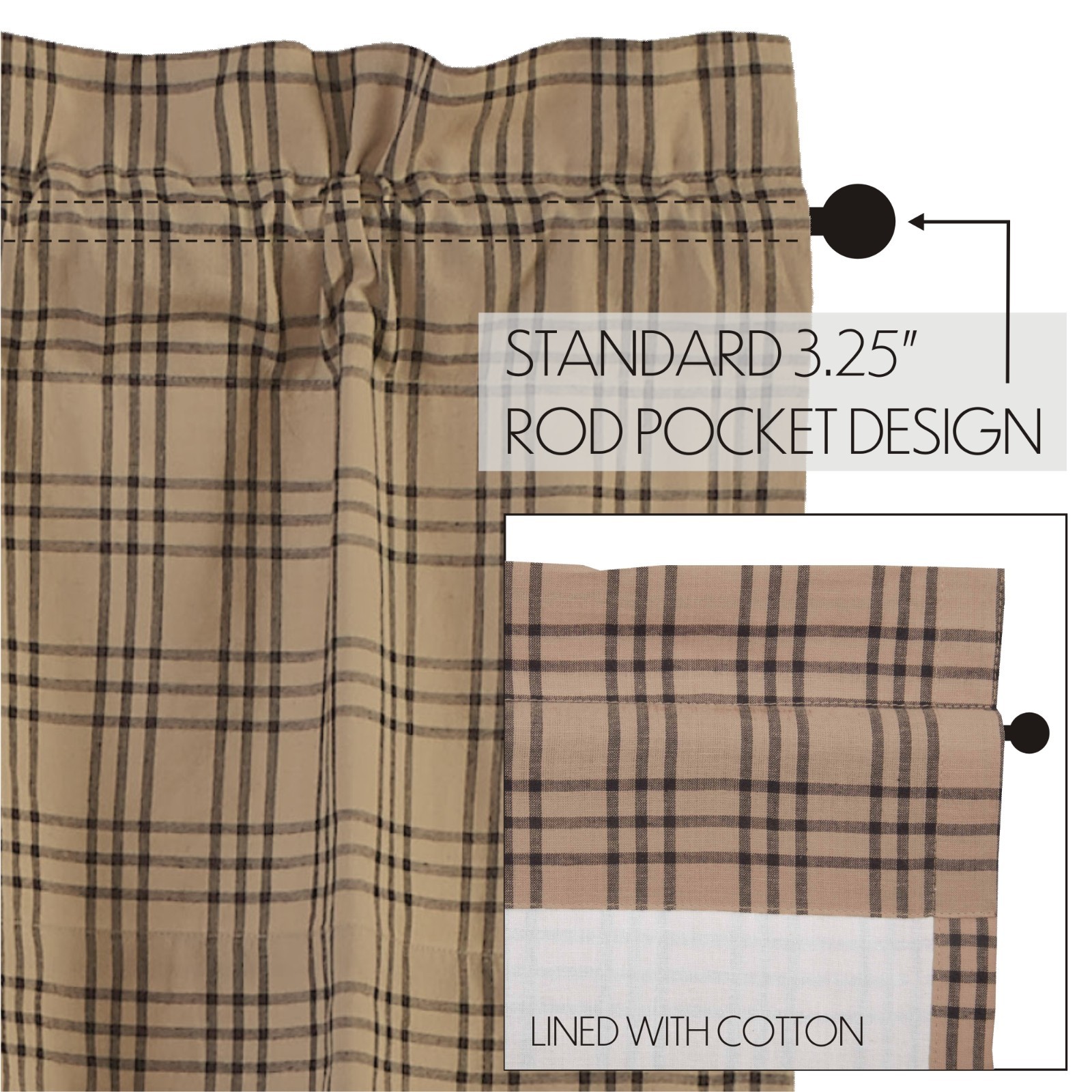 Sawyer Mill Charcoal Tan Plaid Lined Country Gathered Long Prairie Curtains